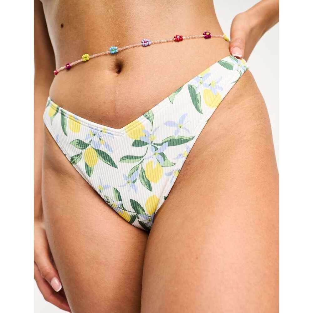 Hollister White Lemon Print Ribbed High-Cut Bikini Bottom